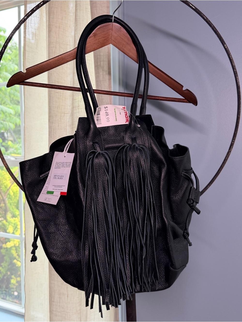 Black Fringe Drawstring Hobo Tote - Unbranded